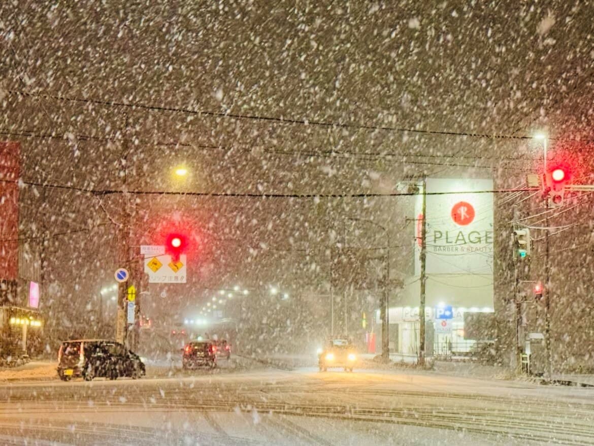 Heavy snowfall on a Sapporo street
